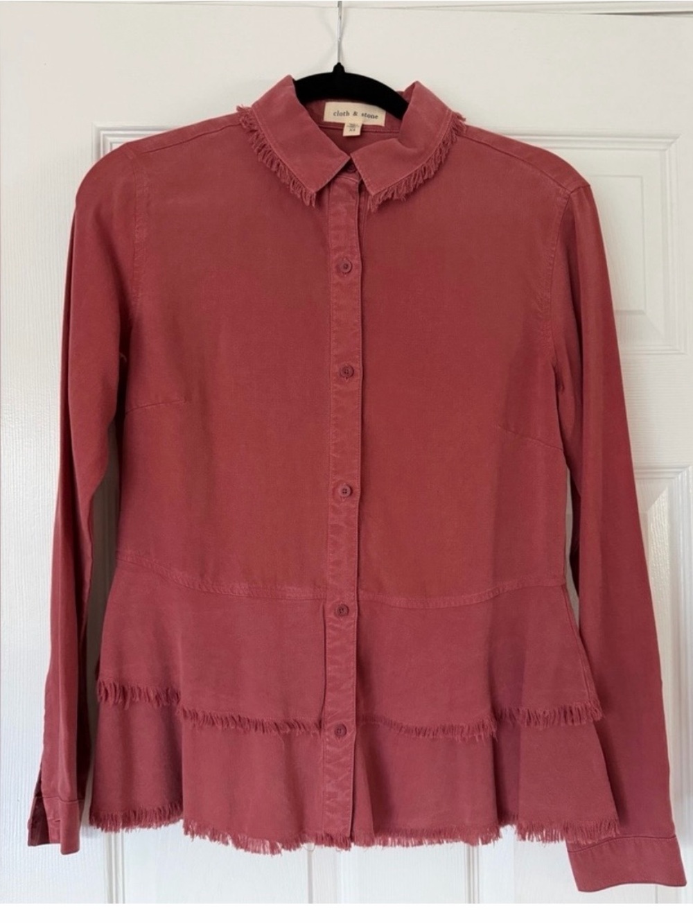 Anthropologie cloth & stone Rust Red Frayed Peplum Button-Up Top XS
